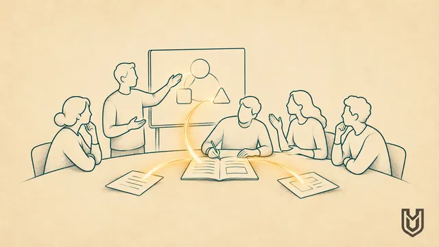 Illustration of five people discussing a presentation and revising a shared document, connected by a soft amber arc.