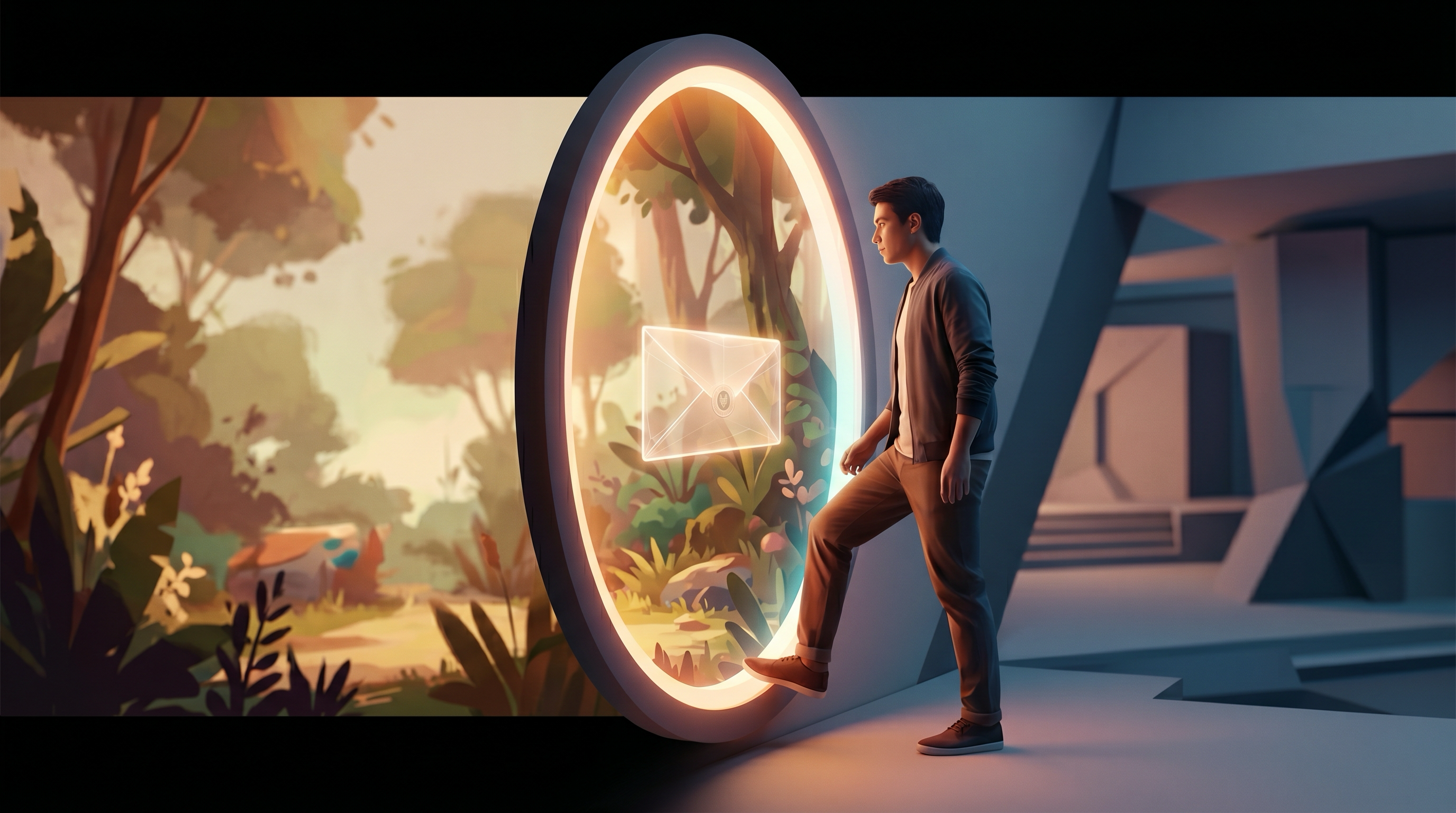 A visitor steps across a luminous portal between two virtual worlds while the signed envelope of their manifest arrives at the destination.